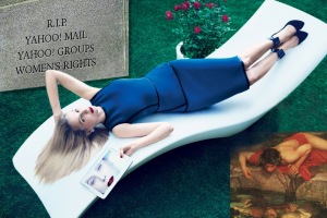 Marissa Mayer strikes her now famous "Blue Narcissus" pose. But is vanity really fair? What we remember most about Narcissus is that his own reflection had a paralyzing effect, making him unable to hear the cries of Echo.